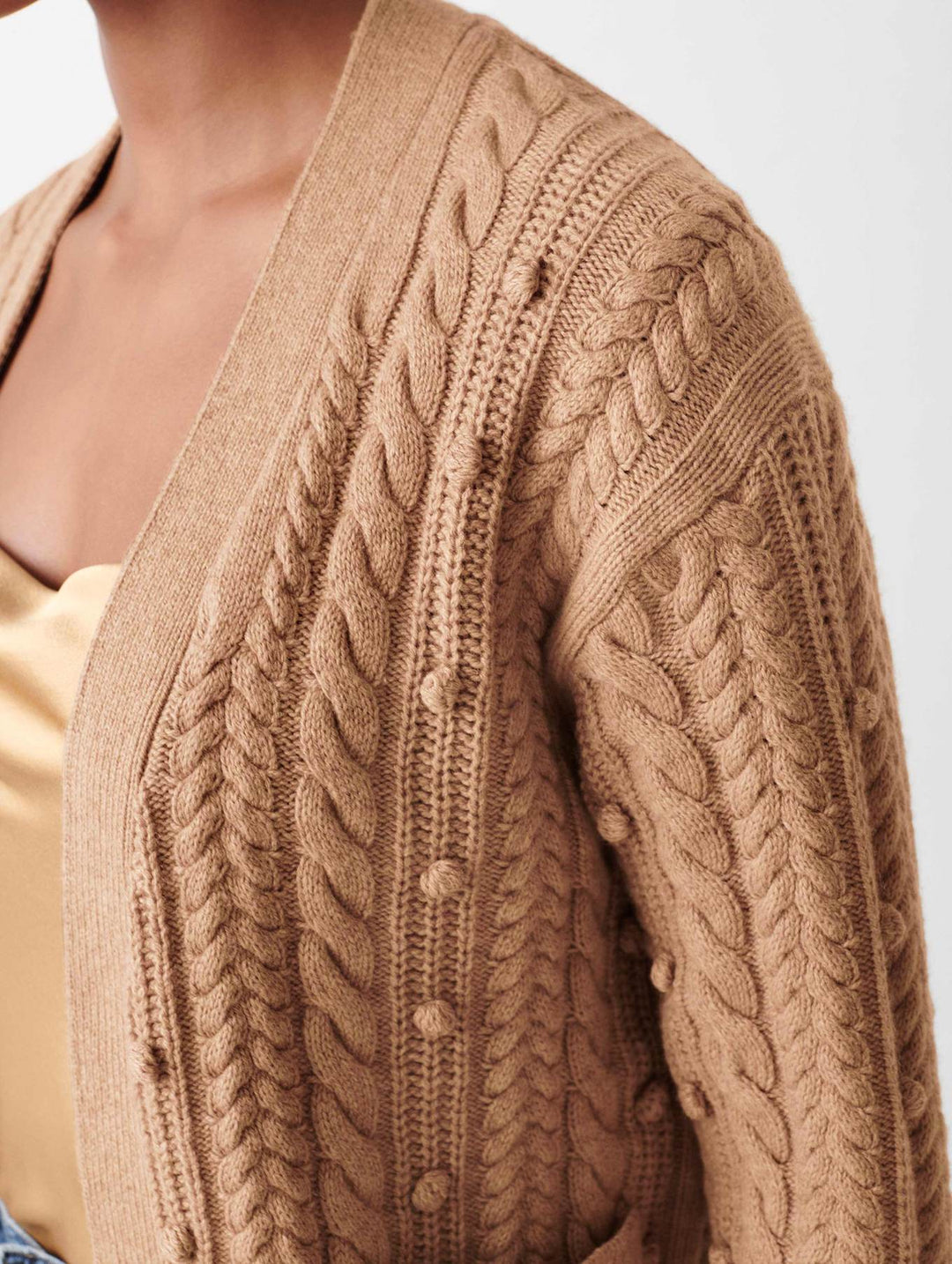 White + Warren - Sustainable Cotton Bobble Stitch Cardigan in Camel