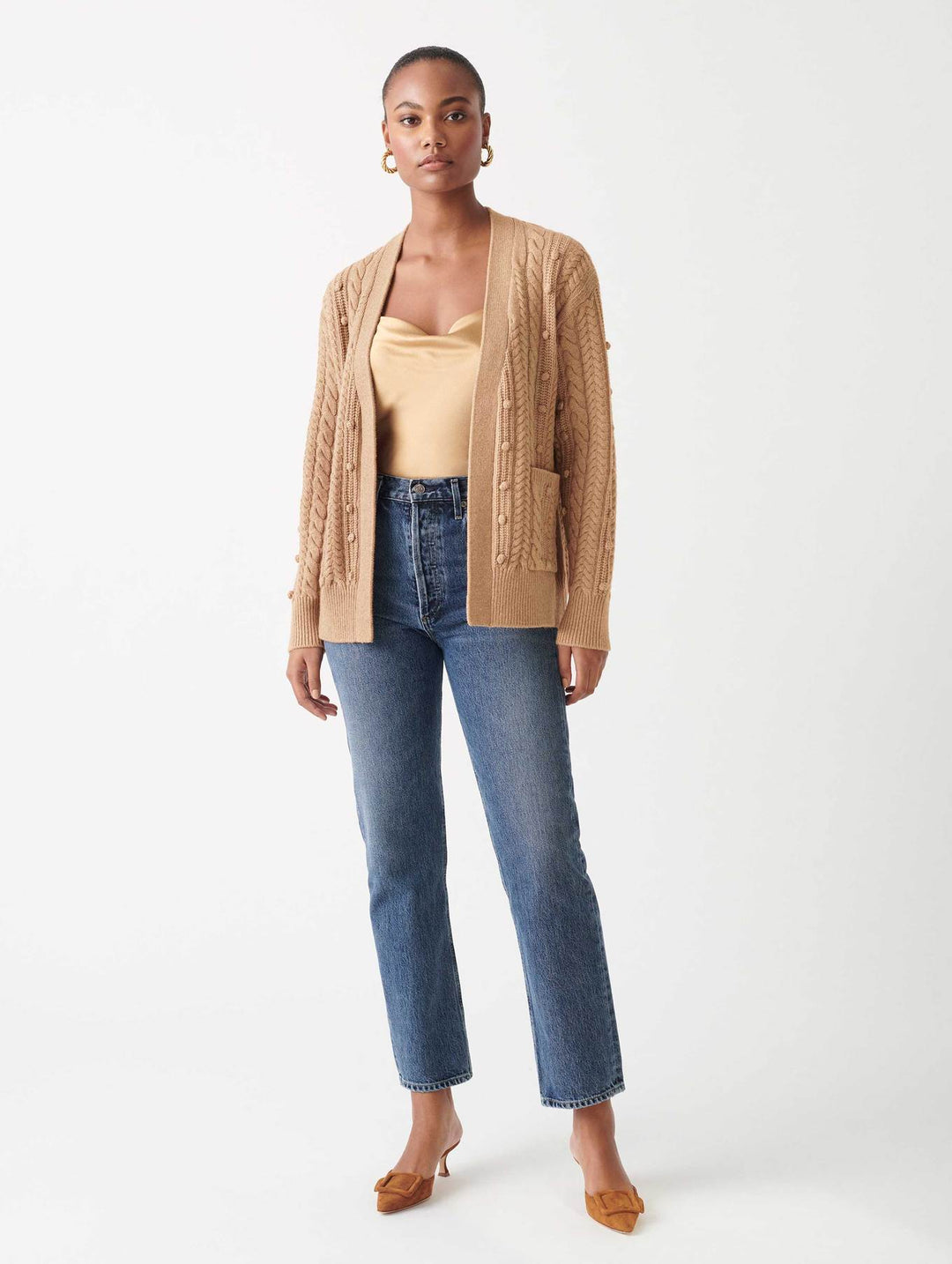 White + Warren - Sustainable Cotton Bobble Stitch Cardigan in Camel