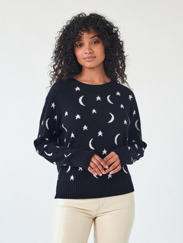 White + Warren - Cashmere New Moon Intarsia Sweatshirt in Black/Soft White