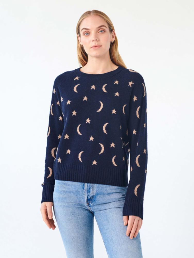 White + Warren - Cashmere New Moon Intarsia Sweatshirt in Deep Navy/Camel