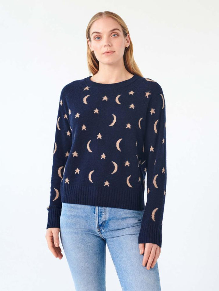 White + Warren - Cashmere New Moon Intarsia Sweatshirt in Deep Navy/Camel