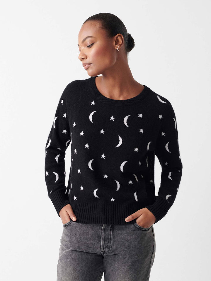 White + Warren - Cashmere New Moon Intarsia Sweatshirt in Black/Soft White