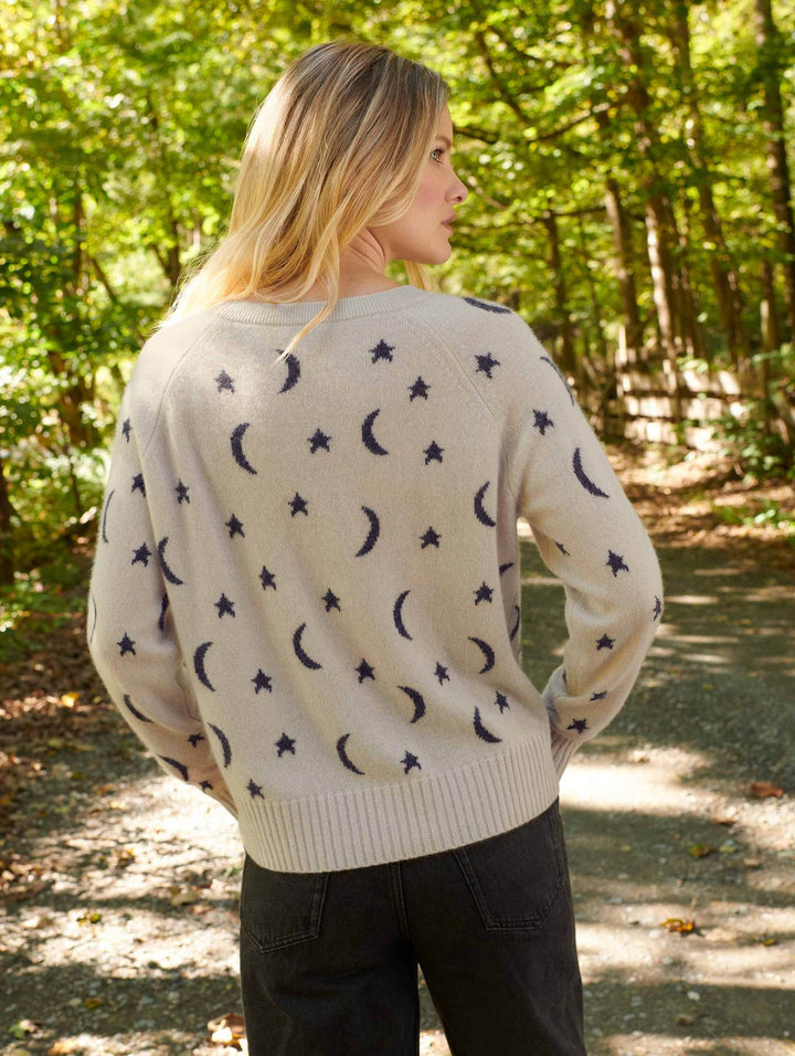 White + Warren - Cashmere New Moon Intarsia Sweatshirt in Moonstone/Charcoal Heather