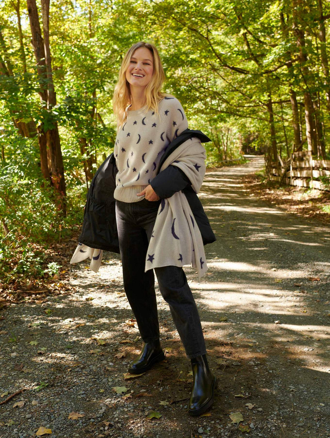 White + Warren - Cashmere New Moon Intarsia Sweatshirt in Moonstone/Charcoal Heather