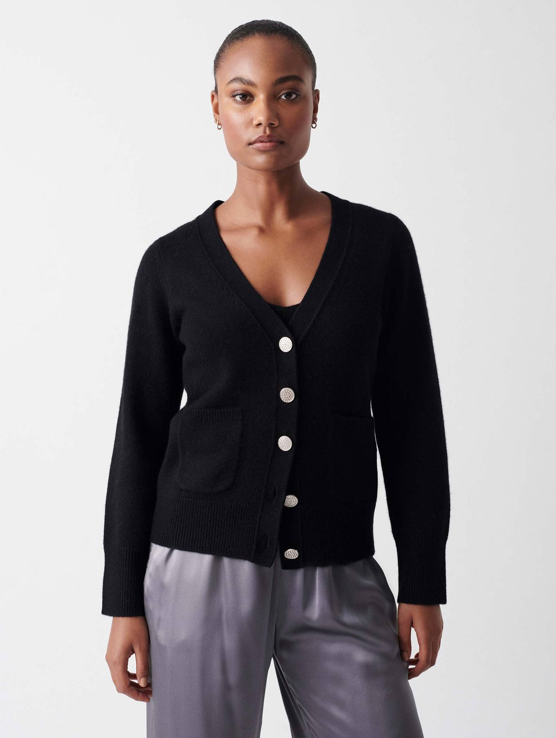 White + Warren - Cashmere Luxe Rhinestone Button Cardigan in Black