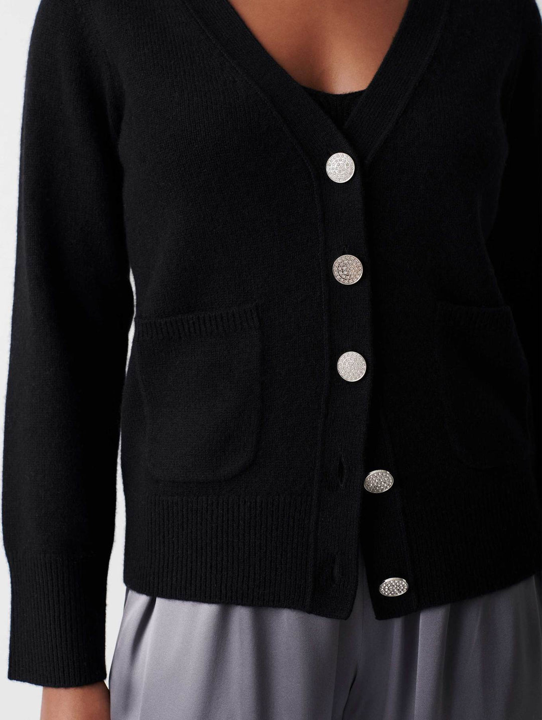 White + Warren - Cashmere Luxe Rhinestone Button Cardigan in Black