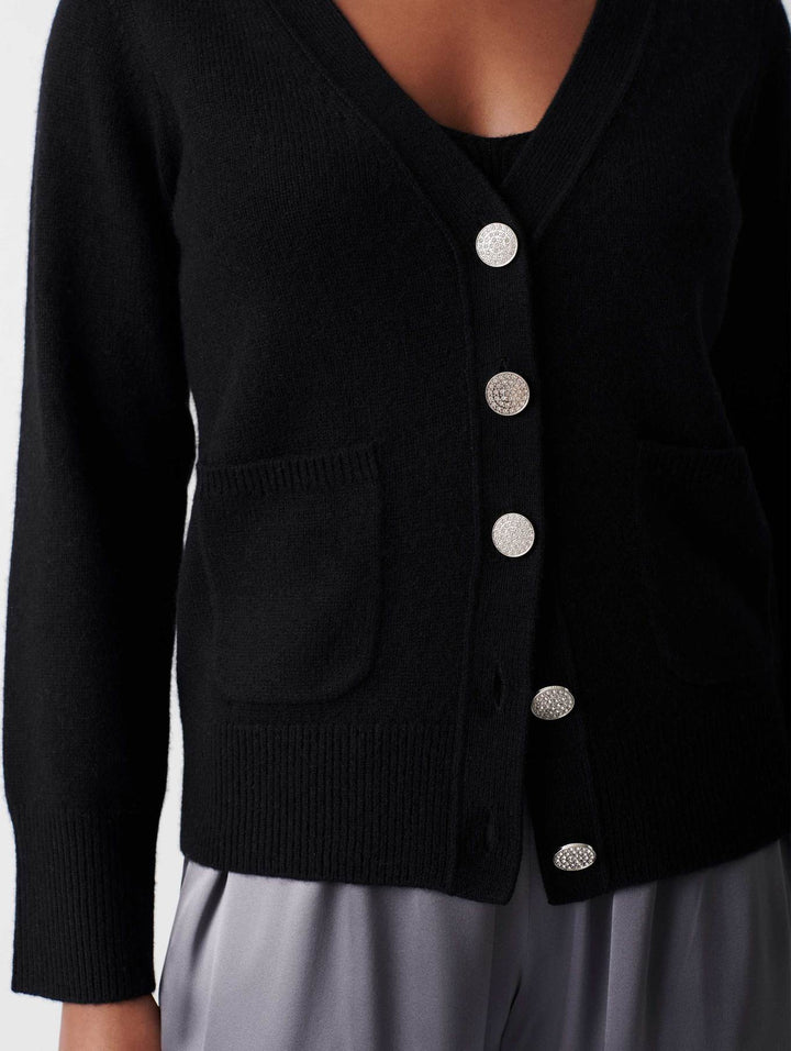 White + Warren - Cashmere Luxe Rhinestone Button Cardigan in Black