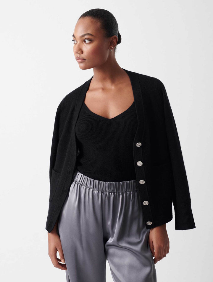White + Warren - Cashmere Luxe Rhinestone Button Cardigan in Black