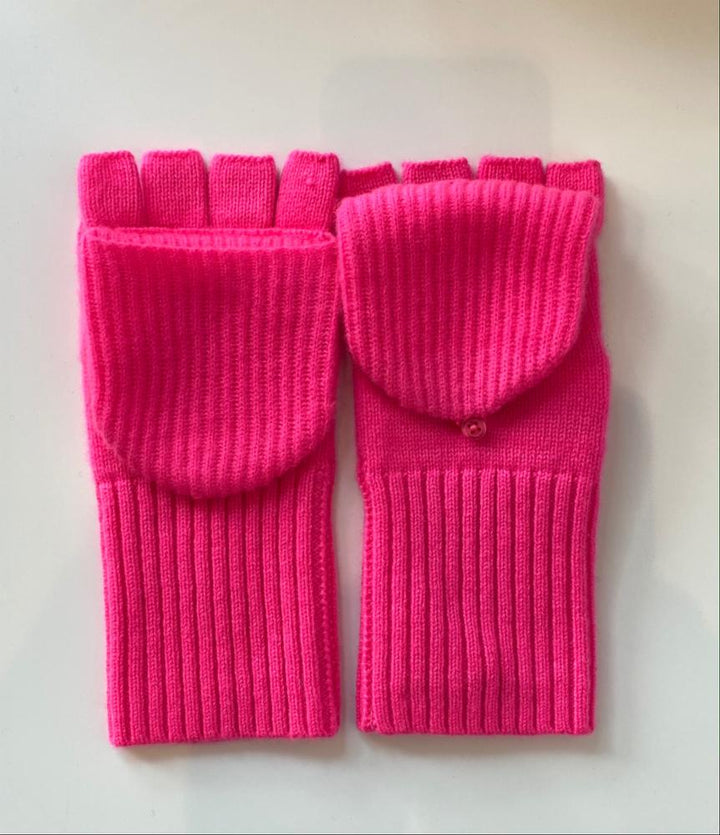 White + Warren - Cashmere Ribbed Pop Top Gloves in Neon Pink Sunrise