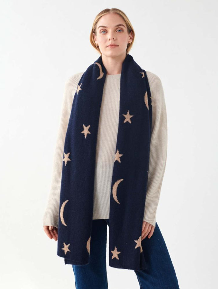 White + Warren - Cashmere New Moon Intarsia Scarf in Deep Navy/Camel