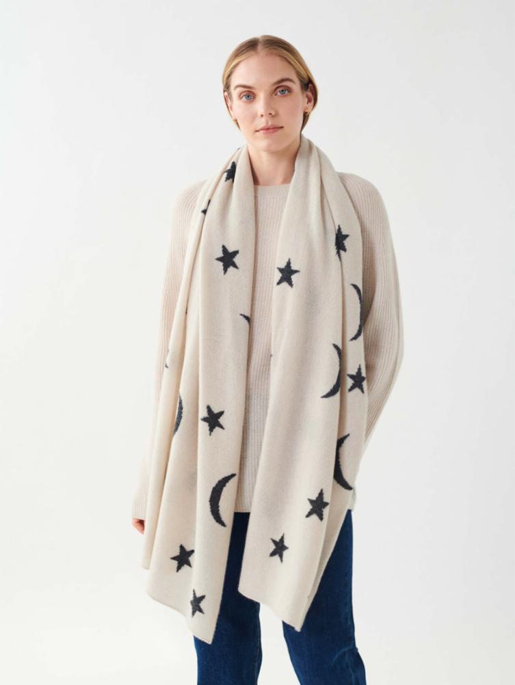 White + Warren - Cashmere New Moon Intarsia Scarf in Moonstone/Charcoal Heather