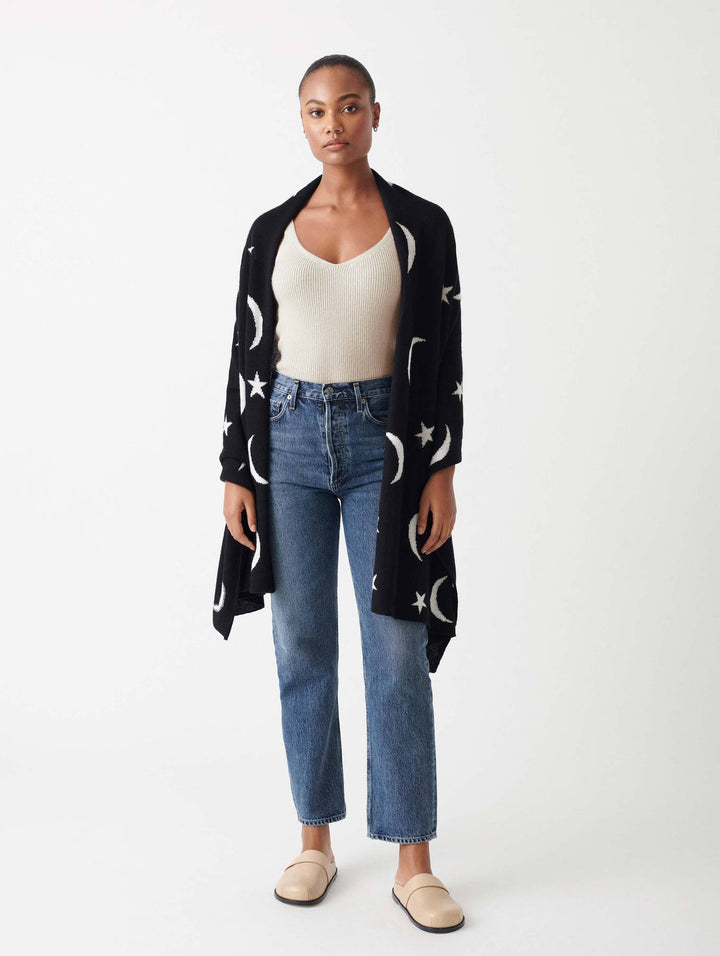 White + Warren - Cashmere New Moon Intarsia Scarf in Black/Soft White