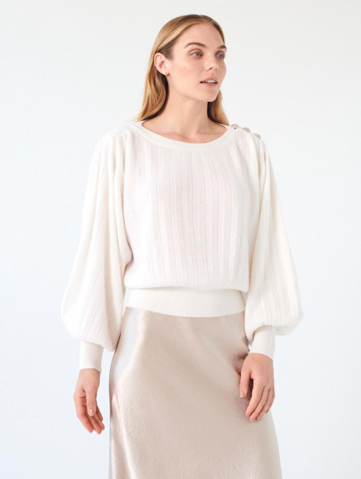 White + Warren - Cashmere Rhinestone Button Pleated Sweater in Soft White