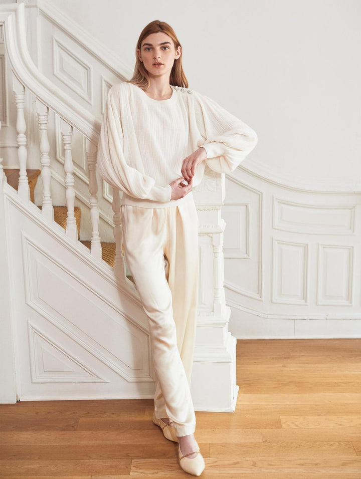 White + Warren - Cashmere Rhinestone Button Pleated Sweater in Soft White
