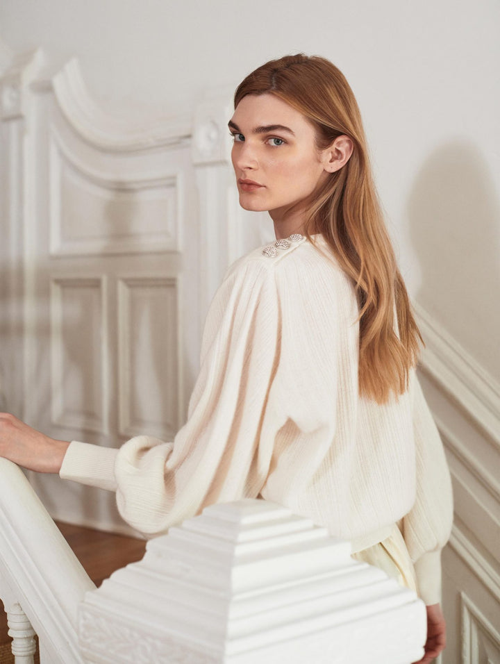 White + Warren - Cashmere Rhinestone Button Pleated Sweater in Soft White