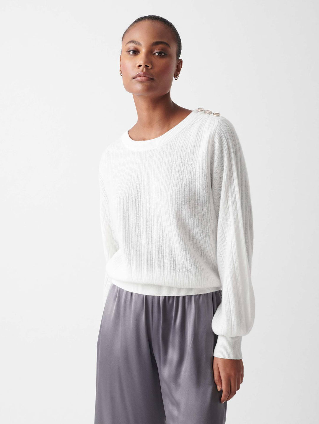 White + Warren - Cashmere Rhinestone Button Pleated Sweater in Soft White