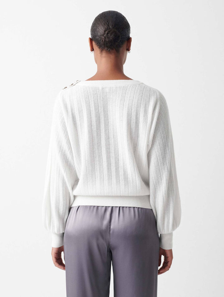 White + Warren - Cashmere Rhinestone Button Pleated Sweater in Soft White