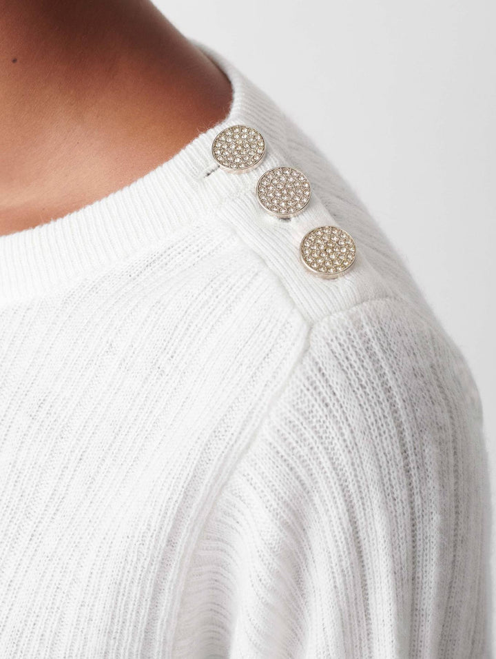White + Warren - Cashmere Rhinestone Button Pleated Sweater in Soft White