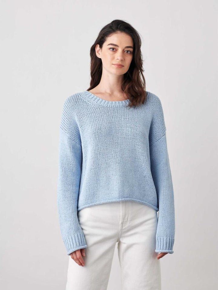 White + Warren - Italian Recycled Cotton Tape Cropped Crewneck in Clear Blue