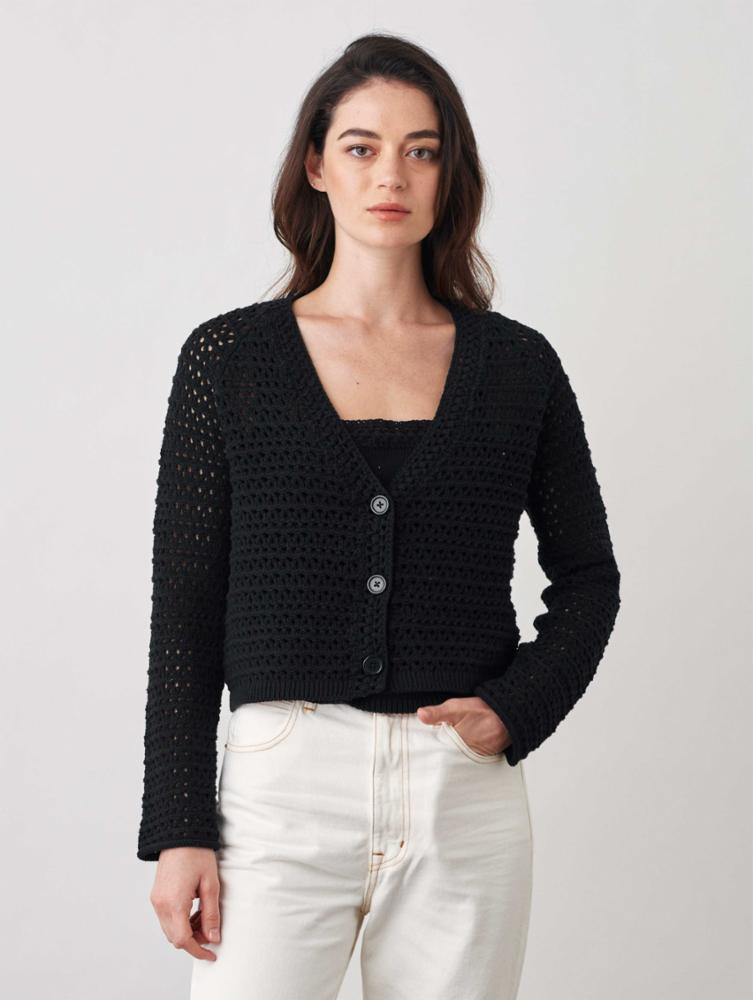 White + Warren - Italian Recycled Cotton Crochet Trim Cardigan in Black