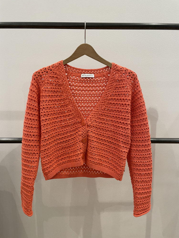 White + Warren - Italian Recycled Cotton Crochet Trim Cardigan in Bright Clementine