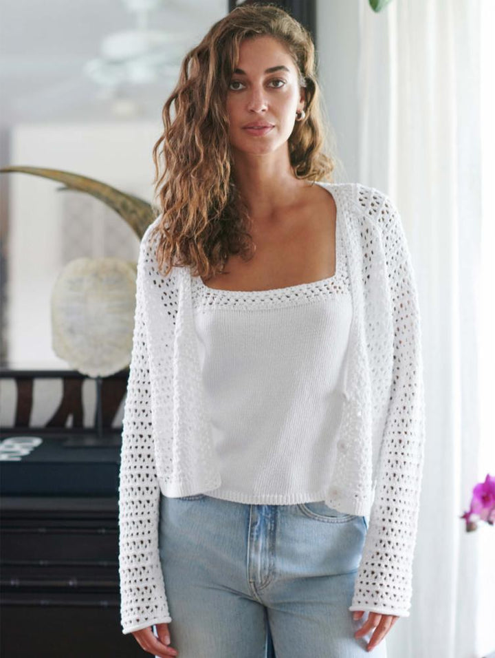White + Warren - Italian Recycled Cotton Crochet Trim Cardigan in White