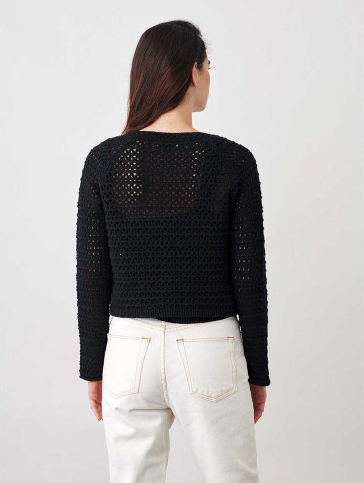 White + Warren - Italian Recycled Cotton Crochet Trim Cardigan in Black