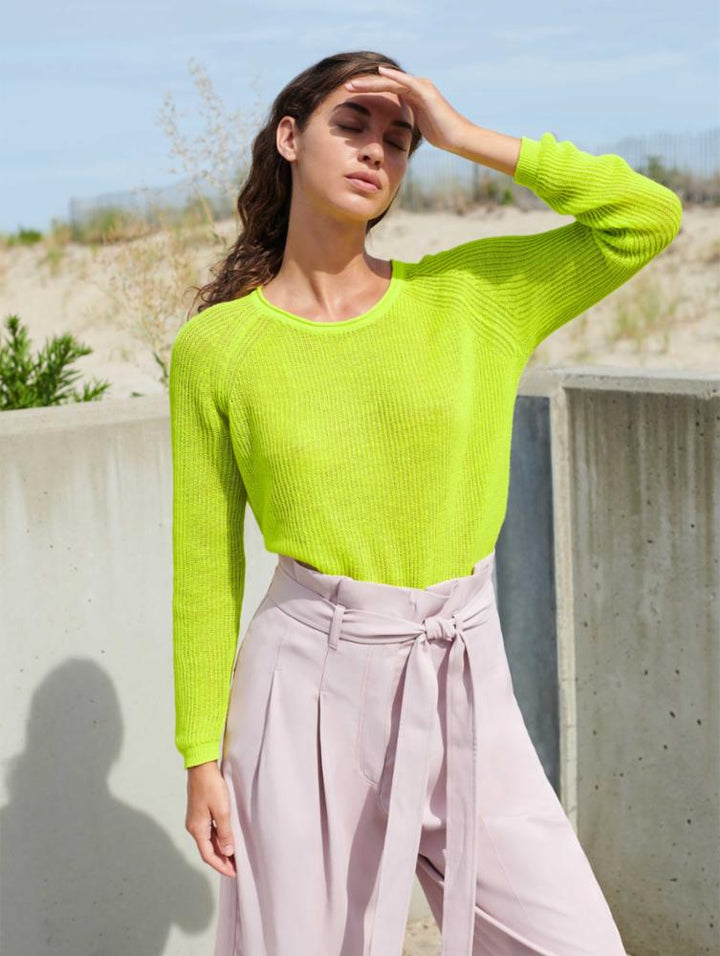 White + Warren - Linen Ribbed Crewneck in Neon Yellow