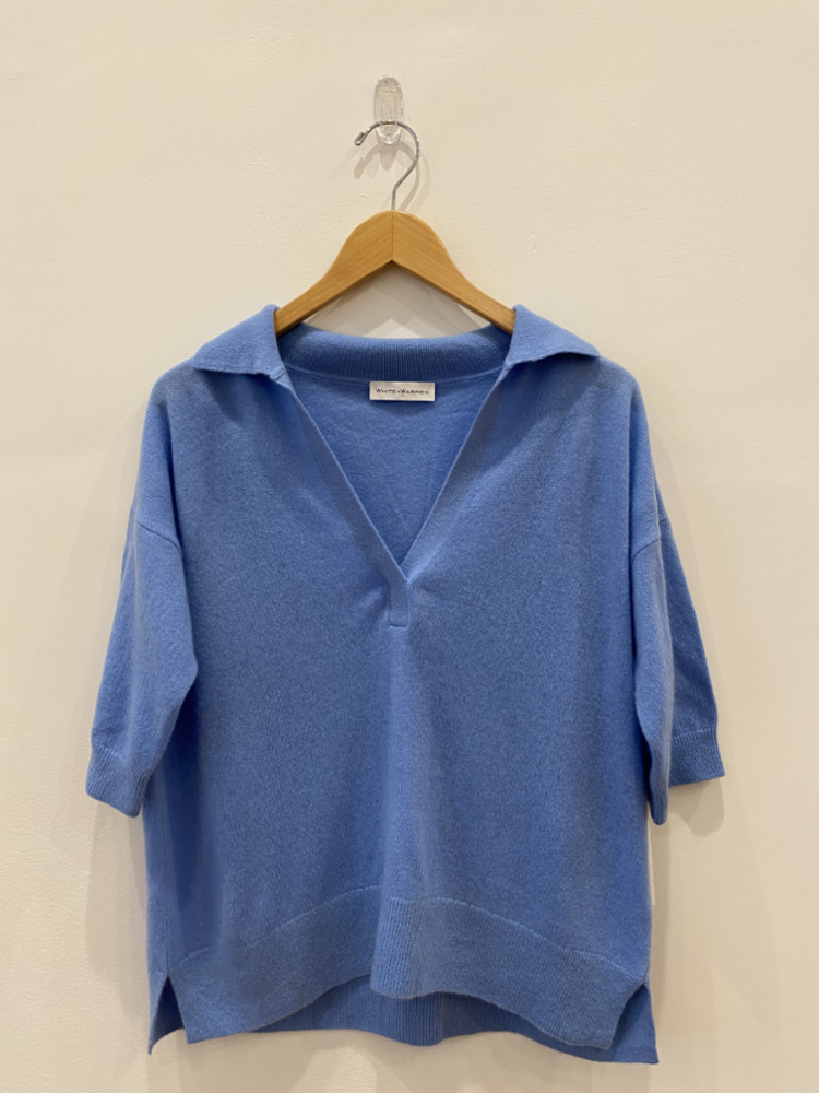 White + Warren - Cashmere Elbow Sleeve Polo Sweater in Blue Breeze Clothing - Sweaters