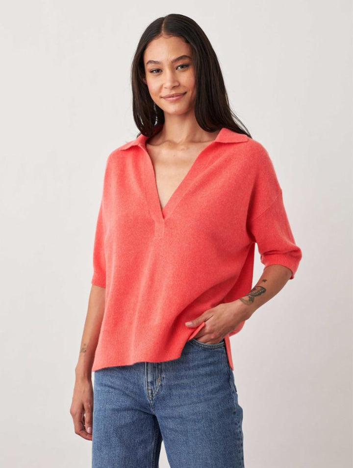 White + Warren - Cashmere Elbow Sleeve Polo Sweater in Red Ember Heather