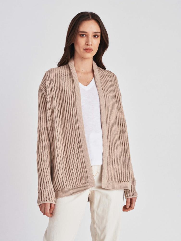 White + Warren - Lofty Cotton Mesh Open Cardigan in Toffee Heather