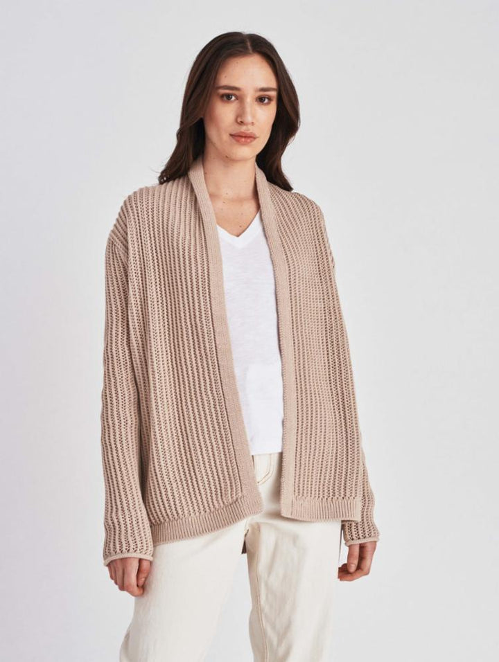 White + Warren - Lofty Cotton Mesh Open Cardigan in Toffee Heather
