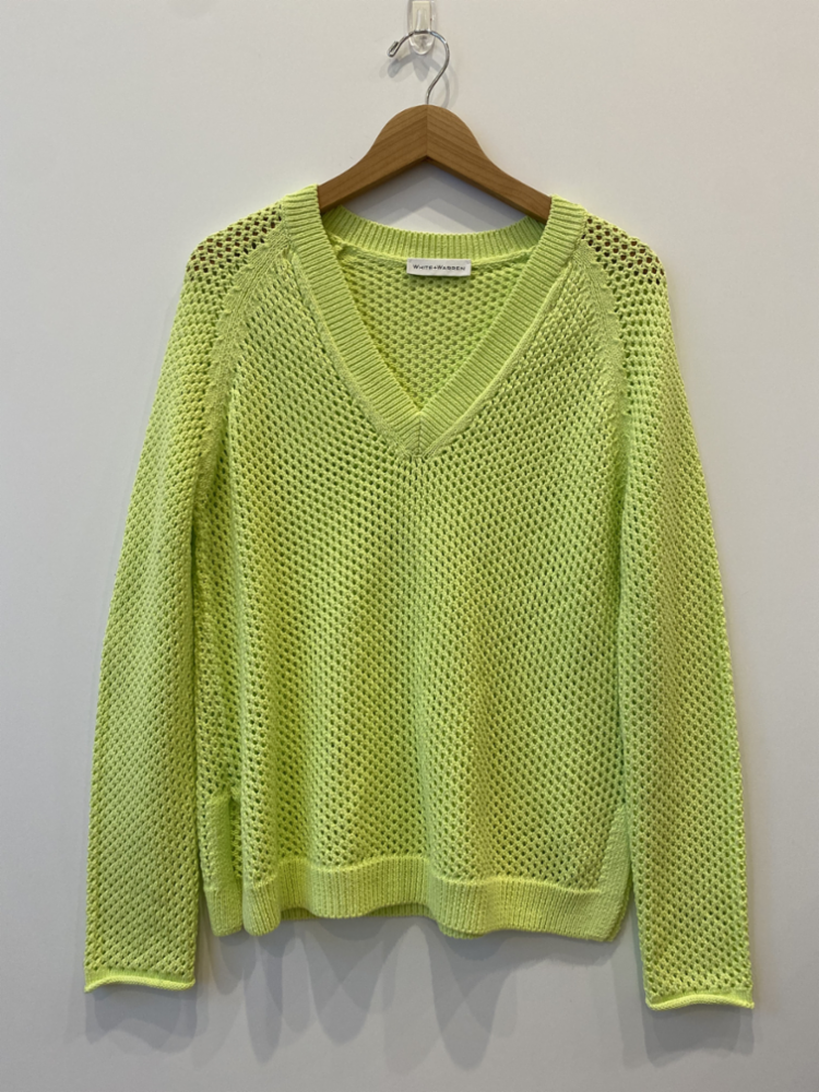 White + Warren - Mercerized Cotton Mesh V Neck in Lime Highlighter