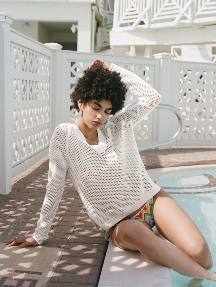 White + Warren - Mercerized Cotton Mesh V Neck in White