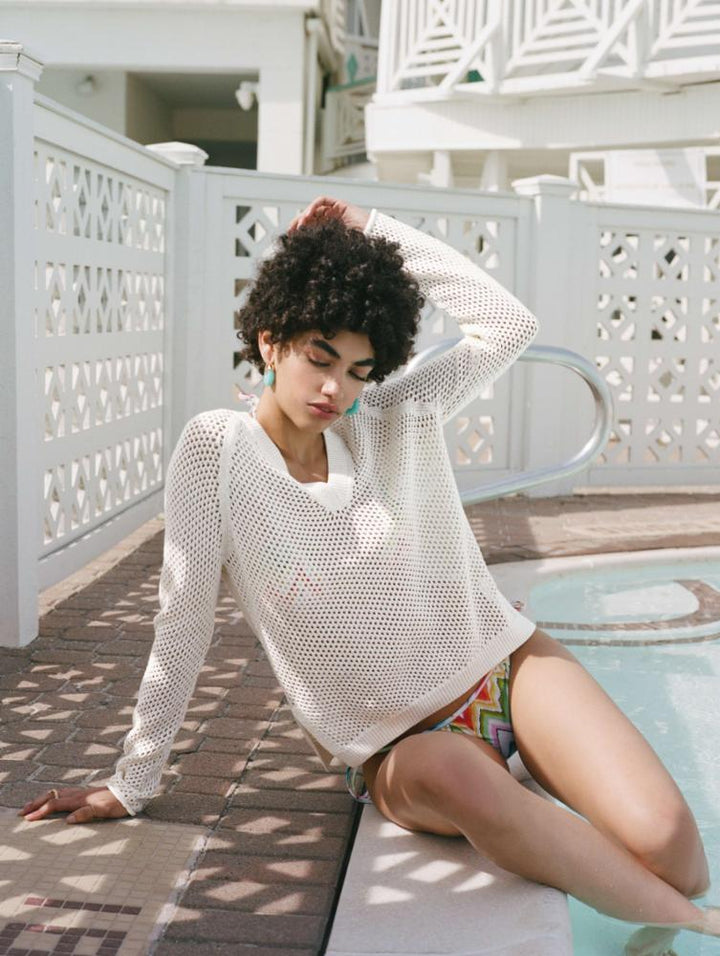 White + Warren - Mercerized Cotton Mesh V Neck in White