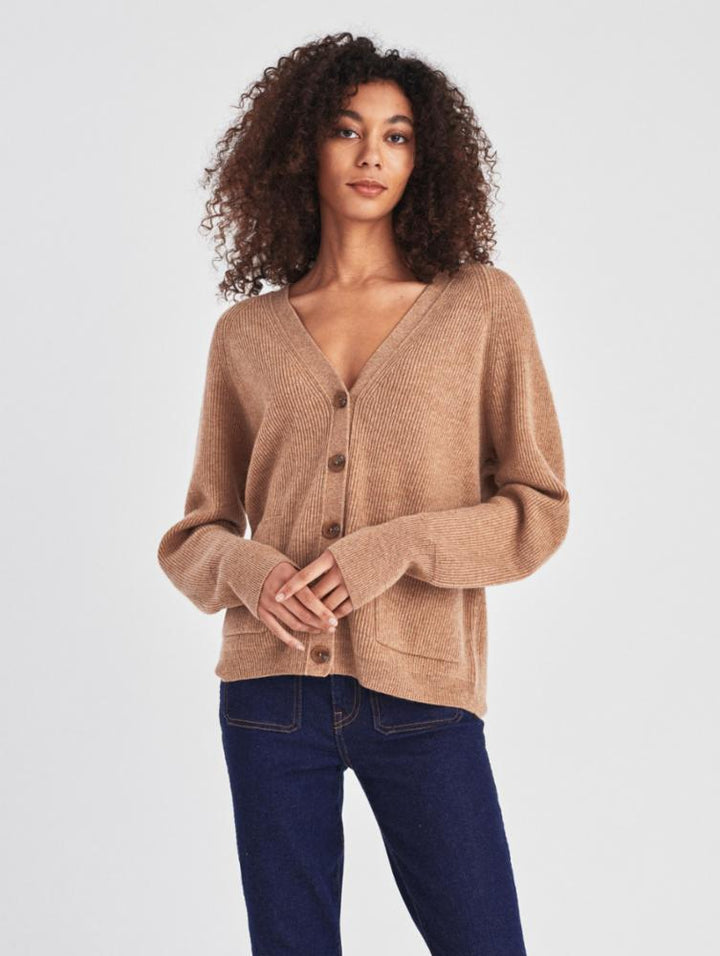 White + Warren - Cashmere Ribbed Patch Pocket Cardigan in Camel Heather