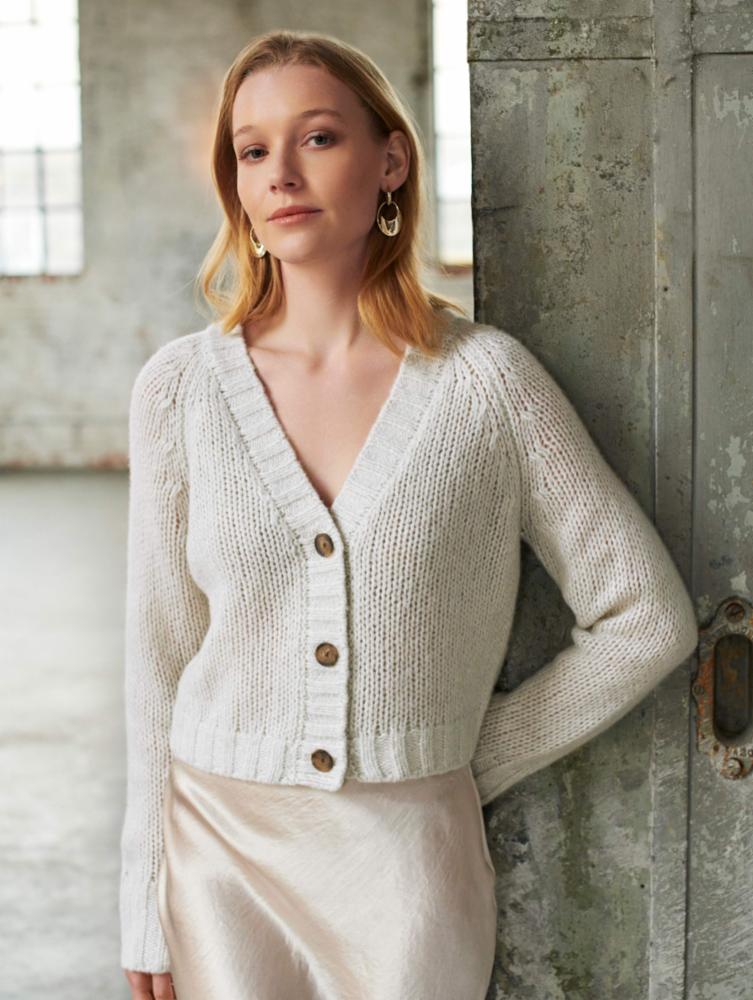 White + Warren - Lofty Cashmere Silk V Neck Cardigan in Light Grey Marl