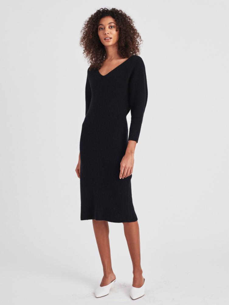 White + Warren - Cashmere Ribbed V Neck Dress in Black
