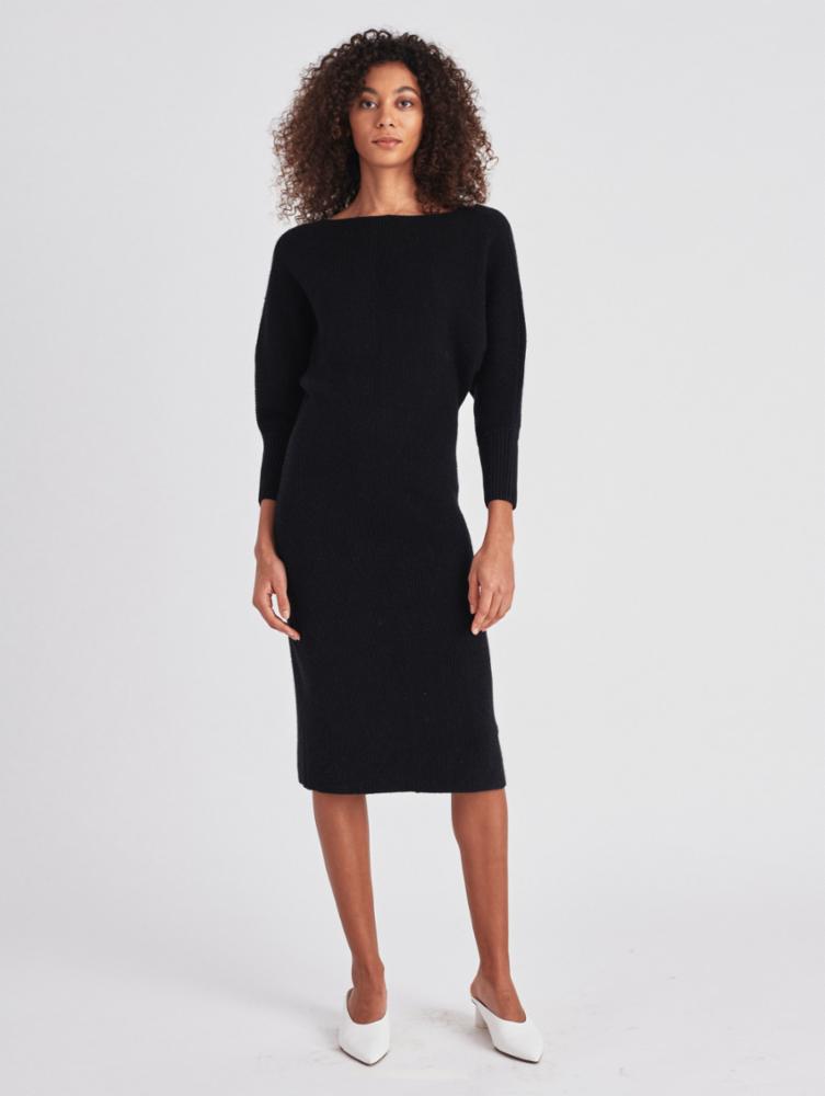 White + Warren - Cashmere Ribbed V Neck Dress in Black