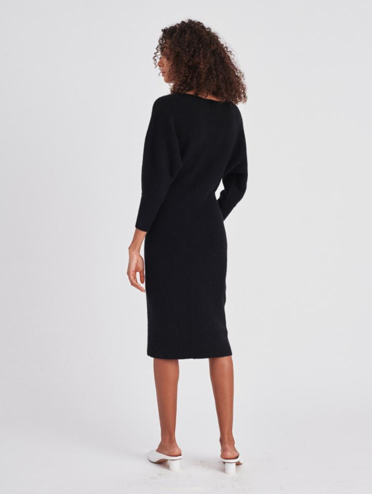 White + Warren - Cashmere Ribbed V Neck Dress in Black