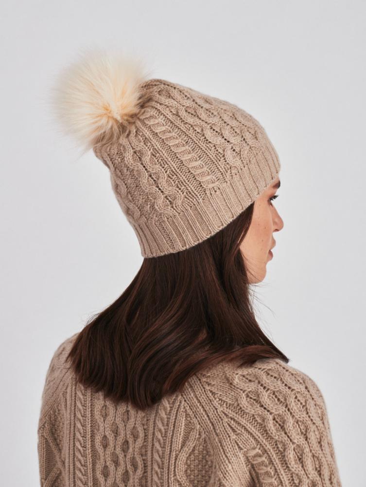 White + Warren - Cashmere Cable Pom Hat in Toffee Heather/Natural