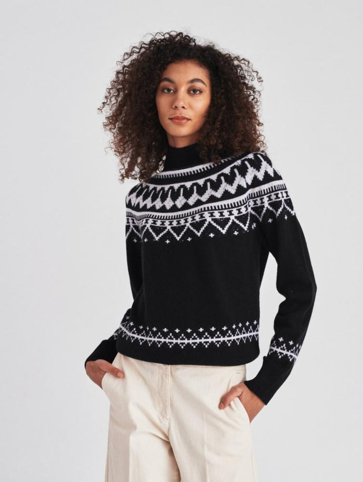 White + Warren - Cashmere Luxe Fair Isle Sweater in Black Combo