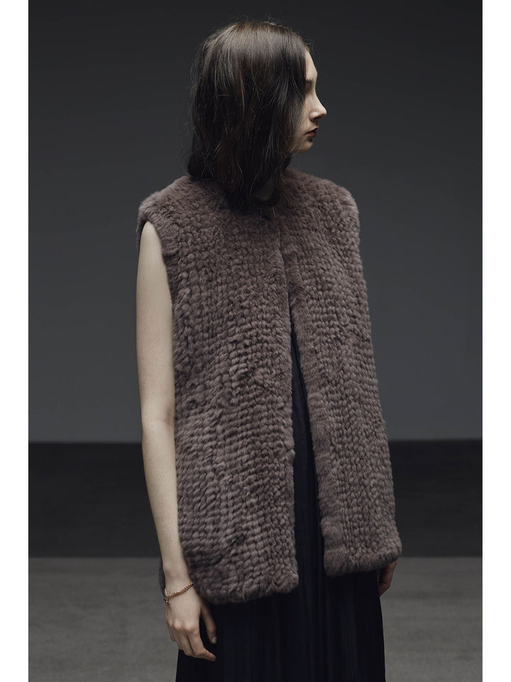 H-Brand Hand Knitted Rabbit Fur Long Vest Libby Port at Blond Genius - 1