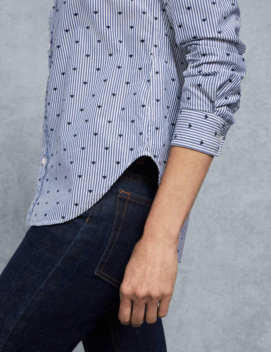 Frank & Eileen - Women Button Down Shirt in Blue Stripe w/ Navy Hearts