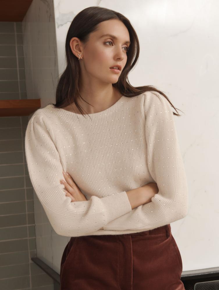 White + Warren - Cashmere Embellished Blouson Sleeve Top In Parchment Heather
