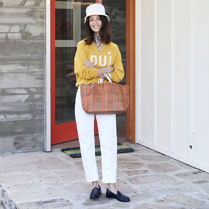 Clare V. - Bateau Tote in Natural w/ Parrot Green, Pale Pink & Cerulean Woven Striped Checker