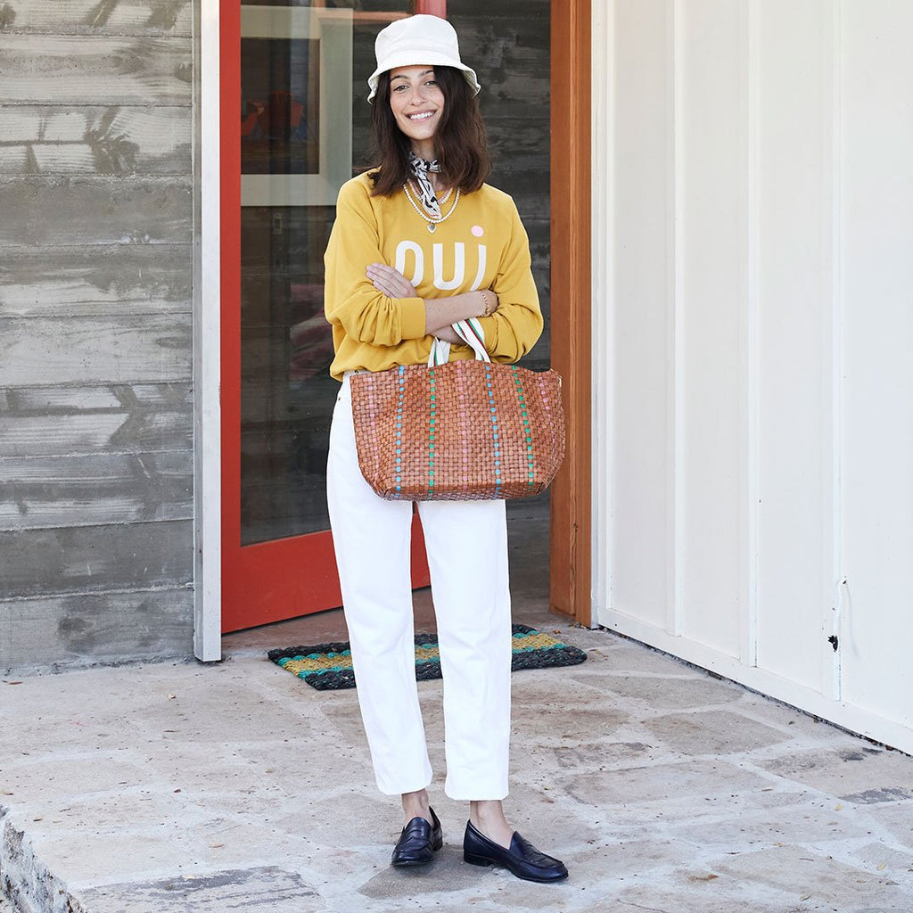 Clare Bateau Tote in Natural w/ Parrot Green, Pale Pink