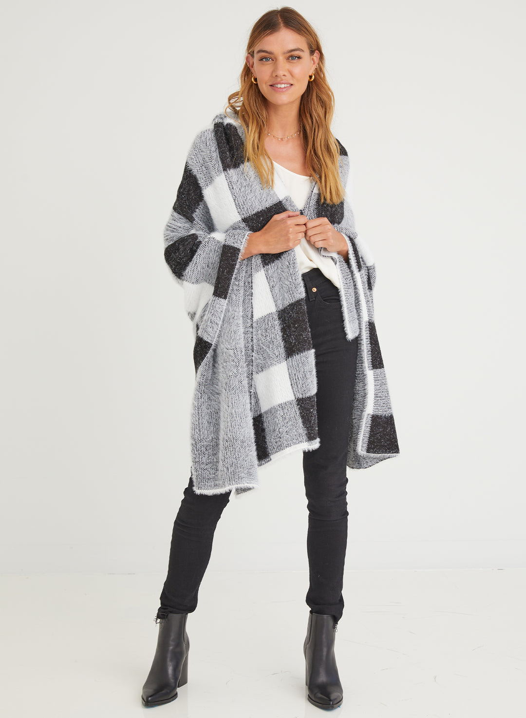 Bella Dahl - Hooded Poncho in Winter White Check