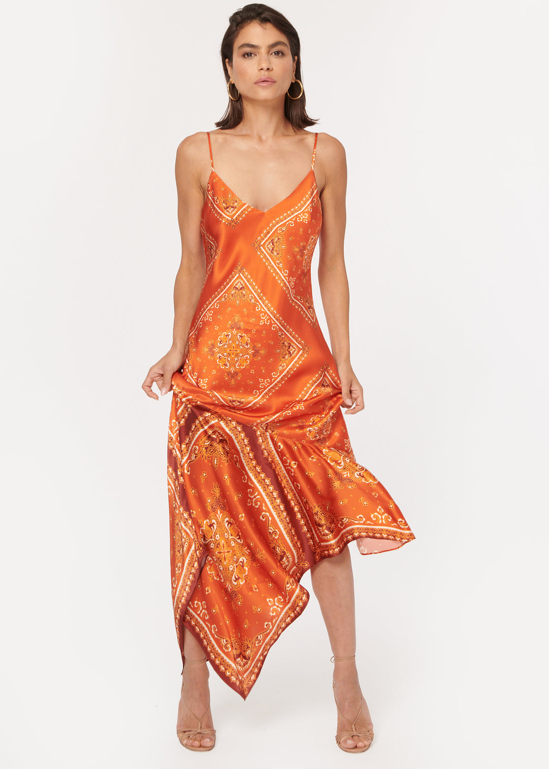 orange bandana dress Handmade Orange Bandana Patchwork Midi Dress Bell Sleeve Paisley Boho S/M
