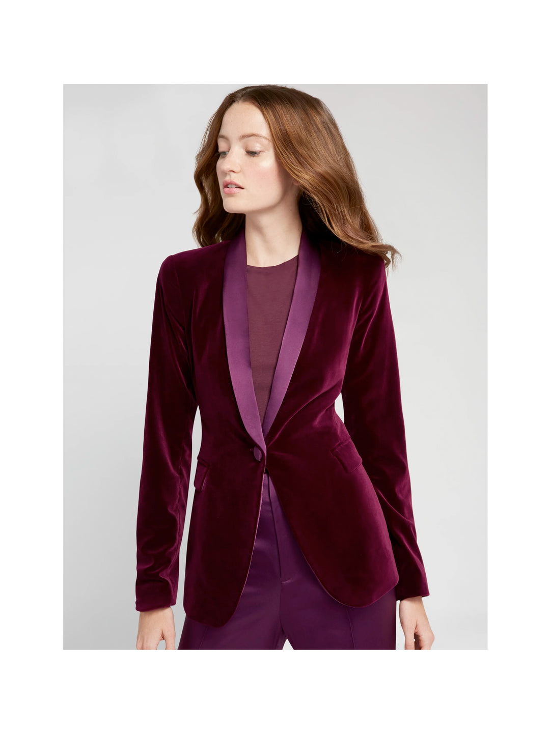 Alice + Olivia - Macey Fitted Strong Shoulder Velvet Blazer in Merlot ...